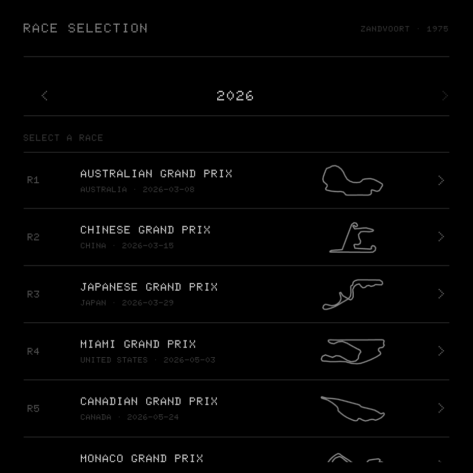 Race selection with circuit silhouettes and the currently cached session.