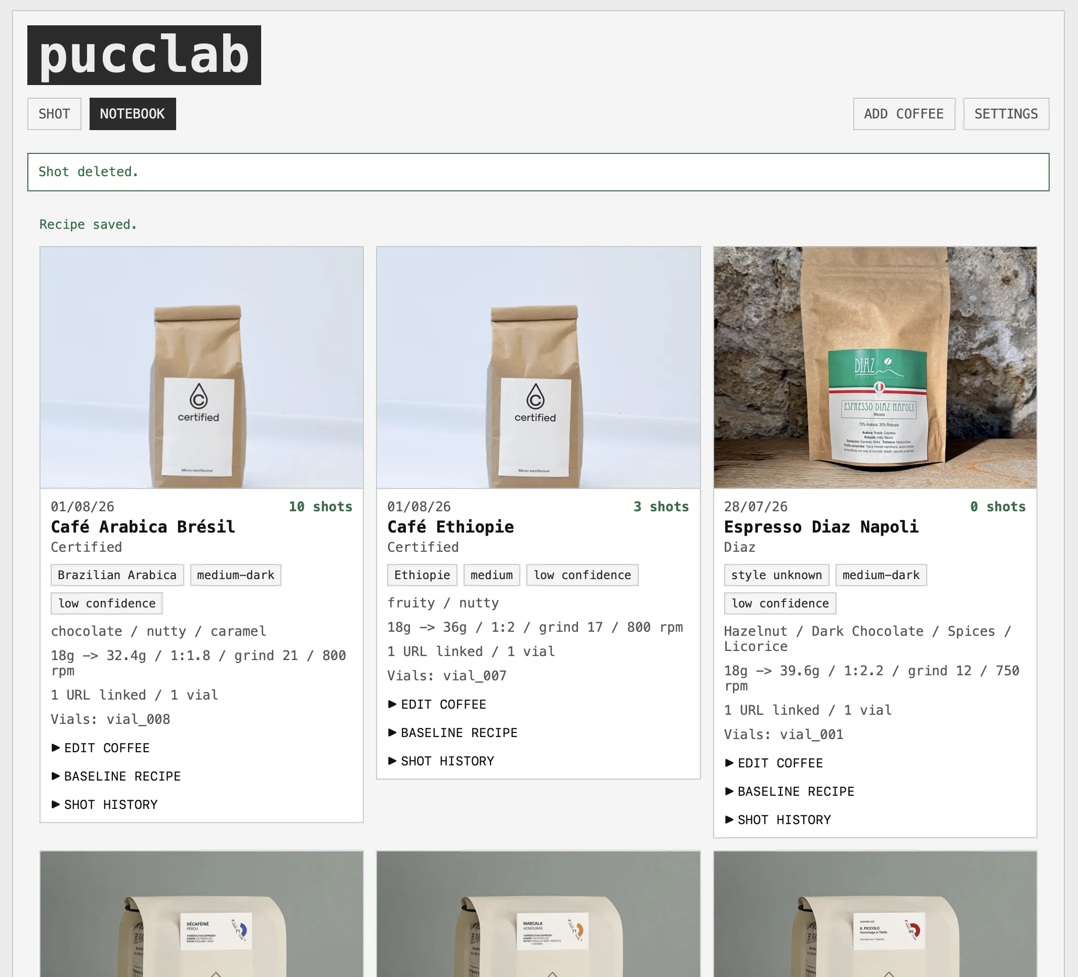 Pucclab coffee notebook interface