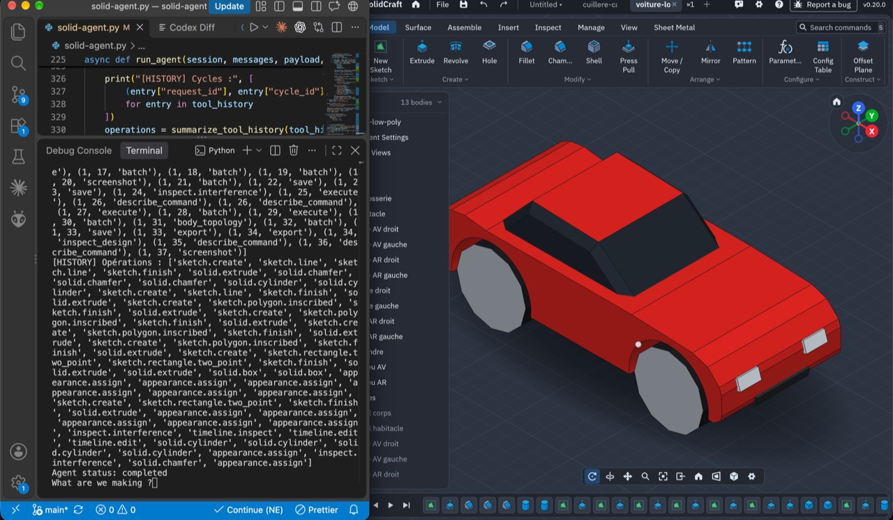 Result of “Build a car in low poly”: the generated CAD model in Solidcraft beside the Python agent and its tool history.